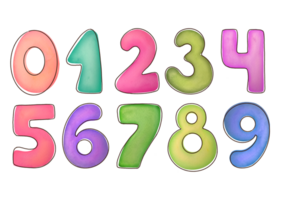 Skära ut vattenfärg olika flerfärgad tal från 1 till 0 samling på transparent bakgrund. ClipArt söt symboler av barn ålder för Lycklig födelsedag kort. inlärning räknefärdighet, matematik för barn png