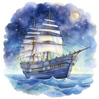 AI generated Night sea ship watercolor style for T-shirt design. AI Generated photo