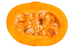 A ripe orange pumpkin with a seed in the center. Pumpkin cut in half. png