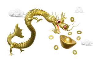 Chinesisch Gold Barren mit Drachen, Wolke, Münze. Chinesisch Neu Jahr 2024 Steinbock. 3d machen Illustration png