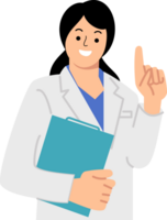 Smiling happy woman doctor holding clipboard and showing pointing finger up png