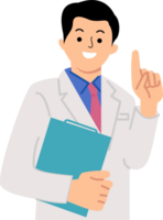 Smiling happy man doctor holding clipboard and showing pointing finger up png