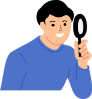 young man looking using a magnifying glass png