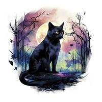 AI generated Black Cat in Moonlit Forest. Watercolor for T-shirt design. AI Generated photo