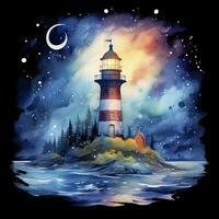 AI generated Lighthouse beside the sea at Night. watercolor for T-shirt design. AI Generated photo