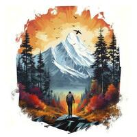 AI generated Vibrant colors wilderness hiking scene for t-shirt. AI Generated photo