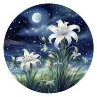 AI generated Watercolor fairy lilies blooming under a starry night sky on a white background. AI Generated photo