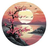 AI generated Cherry blossoms in the sunset background. Japanese tattoo style. AI Generated photo