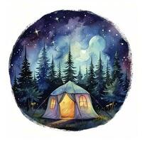 AI generated A Camping Tent in the forest with Night sky, watercolor for T-shirt Design. AI Generated photo