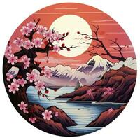 AI generated Cherry blossoms in the sunset background. Japanese tattoo style. AI Generated photo