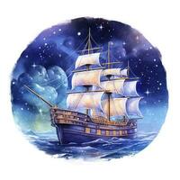 AI generated Night sea ship watercolor style for T-shirt design. AI Generated photo