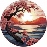 ai generado Cereza flores en el puesta de sol antecedentes. japonés tatuaje estilo. ai generado foto