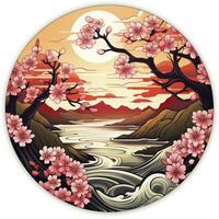 AI generated Cherry blossoms in the sunset background. Japanese tattoo style. AI Generated photo