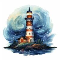 AI generated Lighthouse beside the sea at Night. watercolor for T-shirt design. AI Generated photo