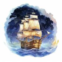 AI generated Night sea ship watercolor style for T-shirt design. AI Generated photo