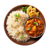 ai généré riz avec poulet et des légumes assiette de Indien curry sur transparent Contexte png image