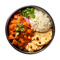 ai généré riz avec poulet et des légumes assiette de Indien curry sur transparent Contexte png image