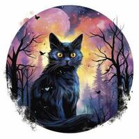 AI generated Black Cat in Moonlit Forest. Watercolor for T-shirt design. AI Generated photo