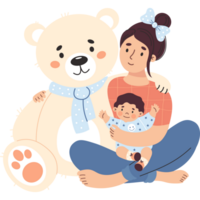 donna con bambino abbracci orsacchiotto orso giocattolo png