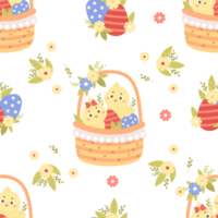 Seamless Easter pattern. Cute pair boy and girl chicks in  basket png