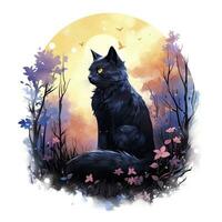 AI generated Black Cat in Moonlit Forest. Watercolor for T-shirt design. AI Generated photo