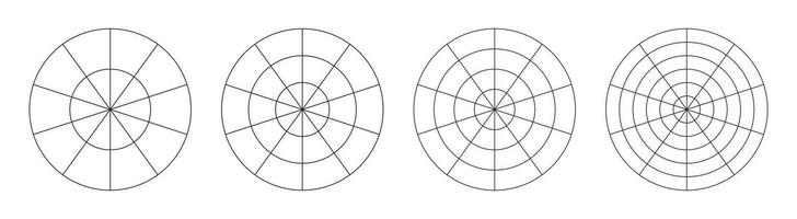 Wheel of life graph templates. Simple coaching tool for visualizing all areas of life. Polar grids with segments and concentric circles. Circle diagrams of life style balance. Blank polar graph paper. vector