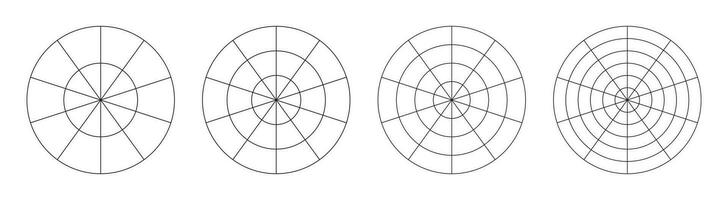 Wheel of life graph templates. Simple coaching tool for visualizing all areas of life. Polar grids with segments and concentric circles. Circle diagrams of life style balance. Blank polar graph paper. vector