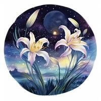 AI generated Watercolor fairy lilies blooming under a starry night sky on a white background. AI Generated photo