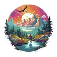 AI generated Vibrant colors wilderness hiking scene for t-shirt. AI Generated photo