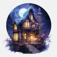 AI generated Moonlight dark themed night elf fairytale fantasy fairy house. AI Generated photo