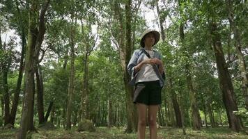 Adorable young teen girl in casual dress standing alone and looking around in windy forest park during summer. video