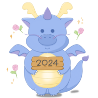 schattig tekenfilm blauw draak met teken 2024, nieuw jaar element png