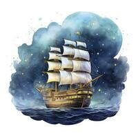 AI generated Night sea ship watercolor style for T-shirt design. AI Generated photo