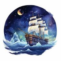 AI generated Night sea ship watercolor style for T-shirt design. AI Generated photo