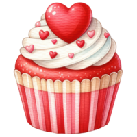 AI generated Cupcake decorated with red and white cream and heart shaped marzipan for Valentine's Day png