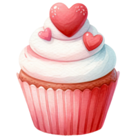 AI generated Cupcake decorated with red and white cream and heart shaped marzipan for Valentine's Day png