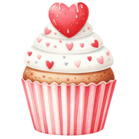 ai genererad muffin dekorerad med röd och vit grädde och hjärta formad marsipan för hjärtans dag png