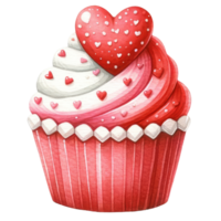 AI generated Cupcake decorated with red and white cream and heart shaped marzipan for Valentine's Day png