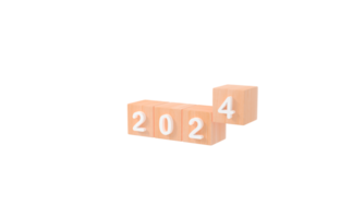 3D rendering of Business goals in 2024 concept. Happy new year wooden cubes 2024. PNG