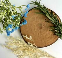 Fresh botanical green layout composition decorative background, wallpaper, or backdrop for health, beauty, or cooking themed industry. Wooden coaster platform on the background. photo