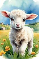 AI generated little cute lamb on a green spring meadow graphics for easter photo