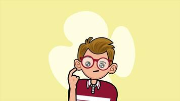 Boy thinking and looking for answer, Concept of a great idea, brainstorming. hand gesture, index finger up. Solution of the problem, right decision, 2d character animation video