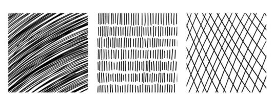 Set of textures with different hand drawn patterns. Pencil lines on white background. vector