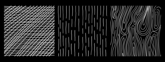 Squares textures with different hand drawn patterns. Pencil lines on black background. vector