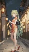 AI generated Cute Anime Girl Character Wearing Chinese Cheongsam Zansae Qipao Mandarin Gown for Visual Novel Festival Background photo