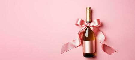 AI generated Generative AI, Pink champagne bottle mockup with bow on pink background photo