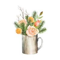 desenhado à mão aguarela ilustração do uma Novo anos caneca com rosas, Natal árvore galhos e bolas. png