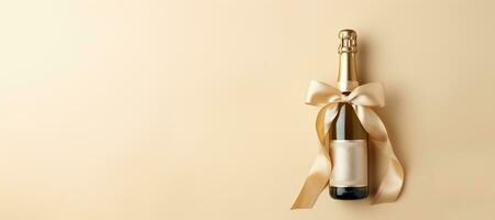 AI generated Generative AI, Beige champagne bottle mockup with bow on beige background photo