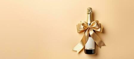 AI generated Generative AI, Beige champagne bottle mockup with bow on beige background photo