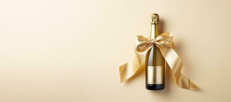 AI generated Generative AI, Beige champagne bottle mockup with bow on beige background photo